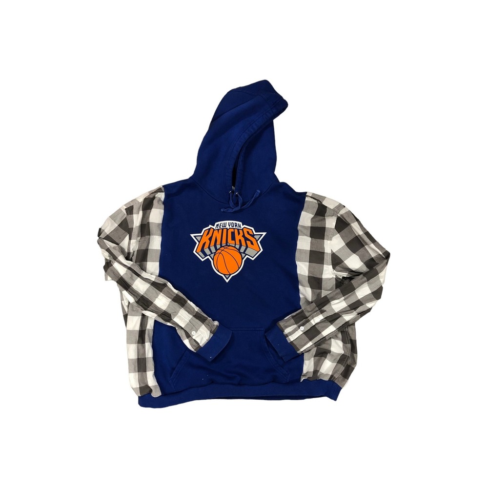 Upcycled knicks NY bball reworked hoodie flannel/cotton sleeves oversized OOAK